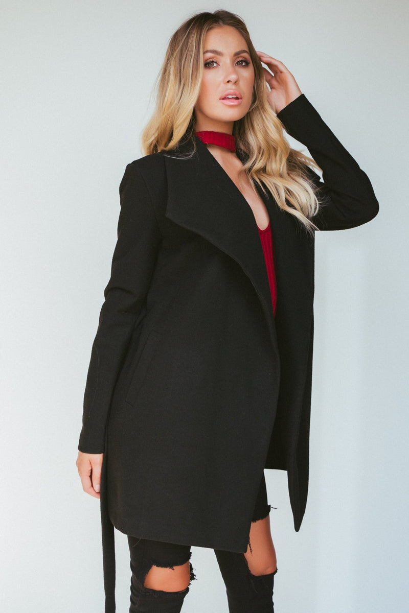 Black Side Pocket Sash Belt Jacket