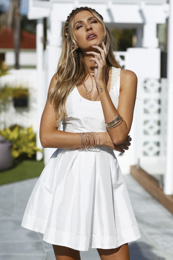 White Dress with Beaded Back Detail & Pleated Skirt