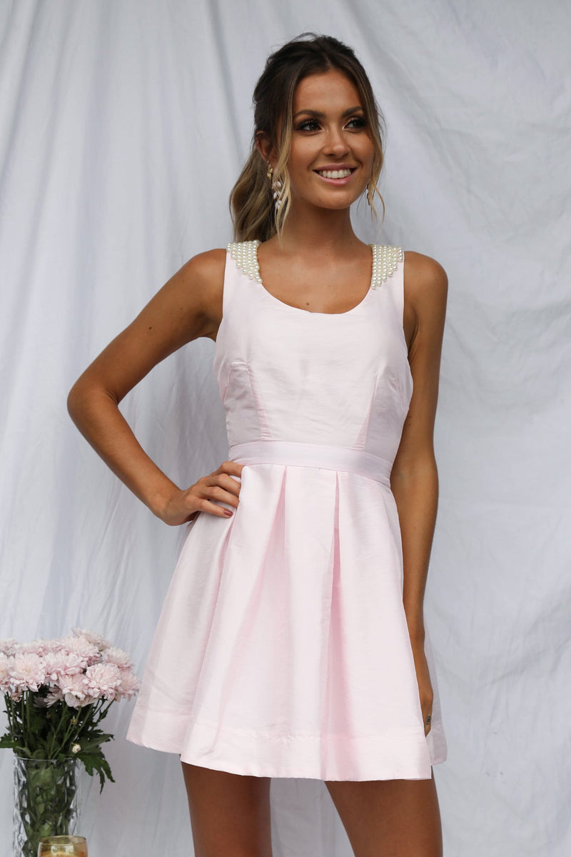 Pink Dress with Beaded Back Detail & Pleated Skirt, XS Pink Dress with Beaded Back Detail & Pleated Skirt, XS