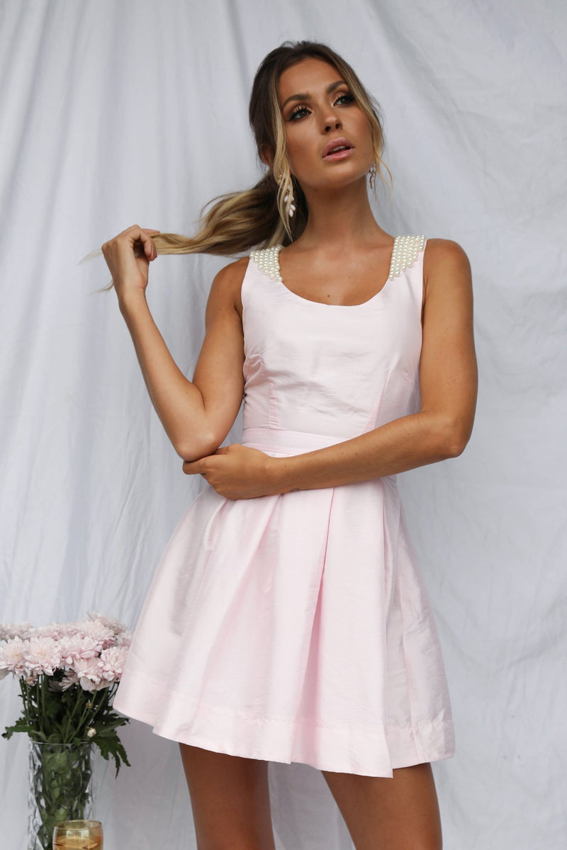 Pink Dress with Beaded Back Detail & Pleated Skirt