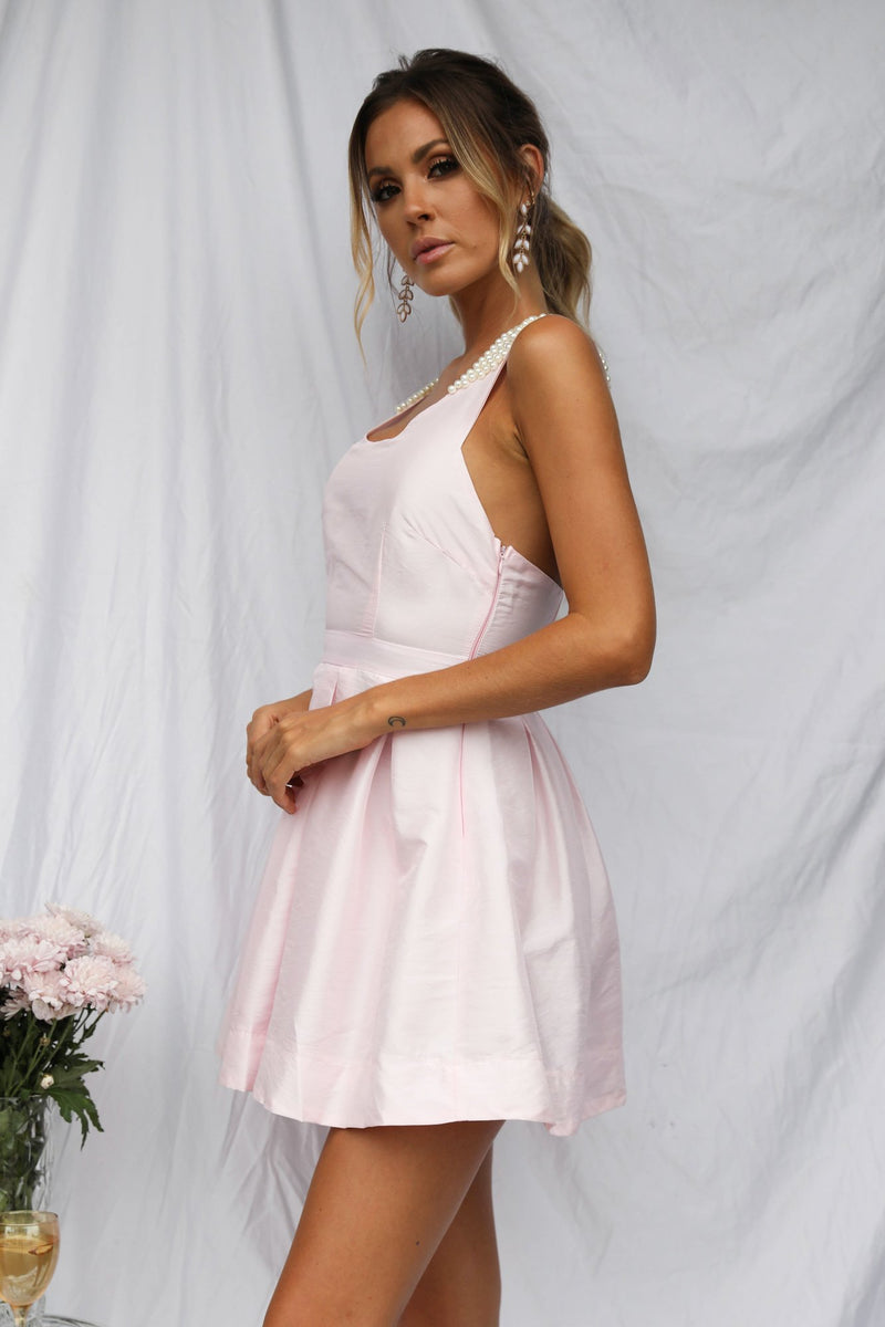 Pink Dress with Beaded Back Detail & Pleated Skirt, S Pink Dress with Beaded Back Detail & Pleated Skirt, S