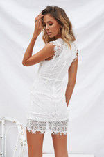 White Lace High Neckline Dress with Double Overlay Skirt