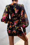 Black Floral V-neckline Long Puff Sleeves Dress