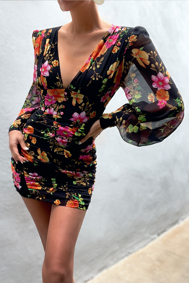 Black Floral V-neckline Long Puff Sleeves Dress