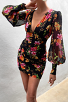 Black Floral V-neckline Long Puff Sleeves Dress