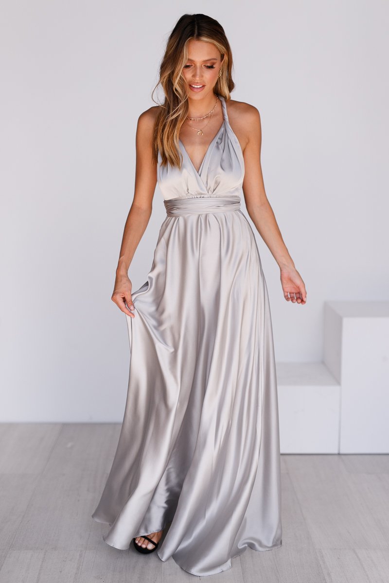 The Perfect Date Satin Maxi Dress (Silver) - BEST SELLING