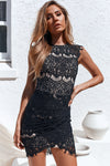 Black Lace High Neckline Dress with Double Overlay Skirt
