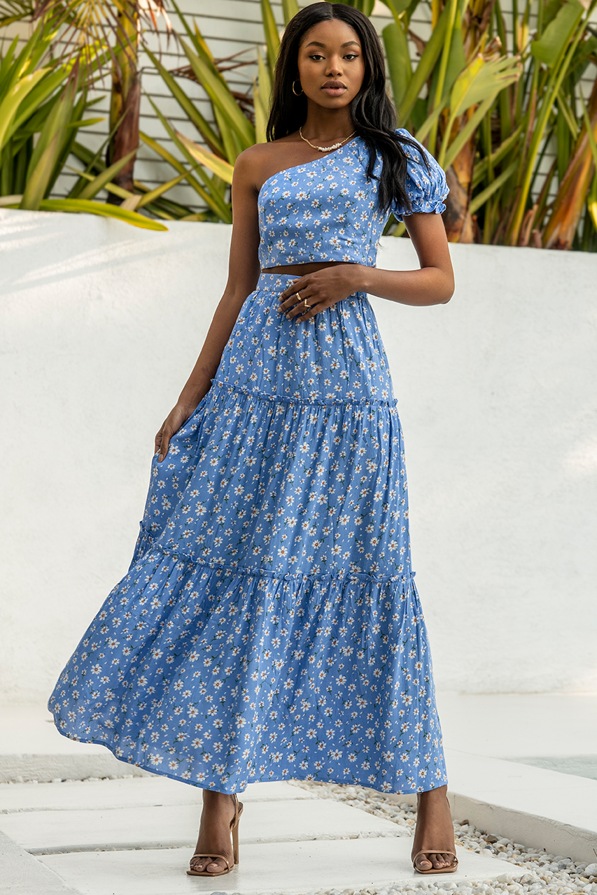 Meadow One Shoulder Top (Blue Floral) | UsTrendy