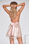 Rose Gold Soft Nude Mesh Deep V Sequin Overlay Dress