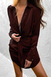 Chocolate Mini Length Centre Front Button Long Sleeve Self Tie Dress