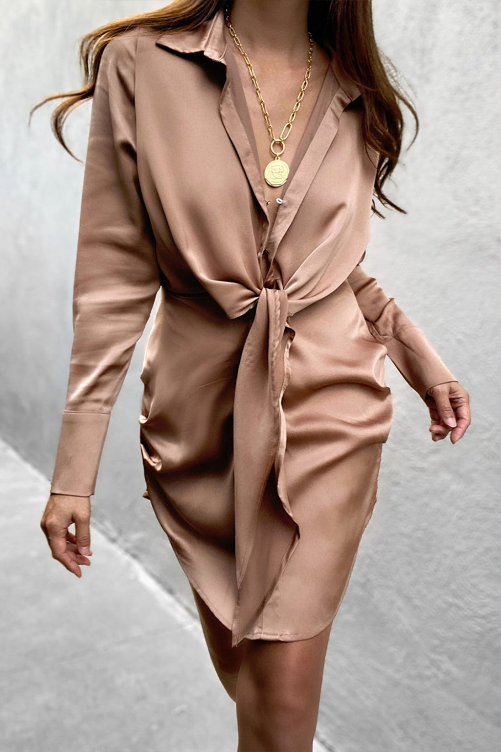 Mocha Mini Length Centre Front Buttons Long Sleeves Dress