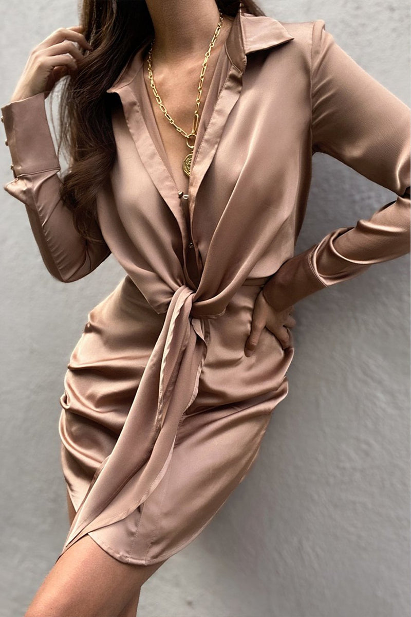 Mocha Mini Length Centre Front Buttons Long Sleeves Dress