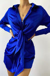 Royal Blue Mini Length Centre Front Buttons Long Sleeves and Self Ties Dress