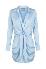 Sky Blue Mini Length Centre Front Buttons Long Sleeves and Self Ties Dress