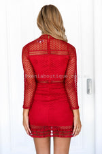 Red Long Sleeve Sheer Lace Mini Dress With Frilly Hem