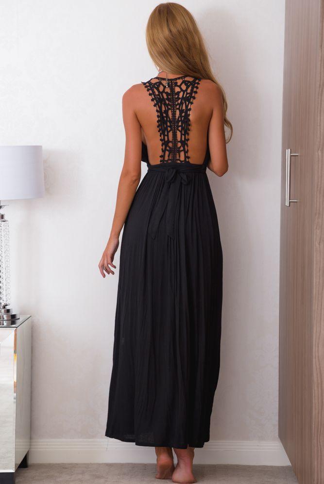 Black Crochet Lace Back Detail Maxi Dress UsTrendy Black Crochet Lace Back Detail Maxi Dress UsTrendy