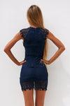 Navy Lace Bodycon Dress with High Neck & Layered Skirt