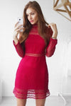 Red Long Sleeve Sheer Lace Mini Dress With Frilly Hem
