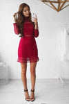 Red Long Sleeve Sheer Lace Mini Dress With Frilly Hem