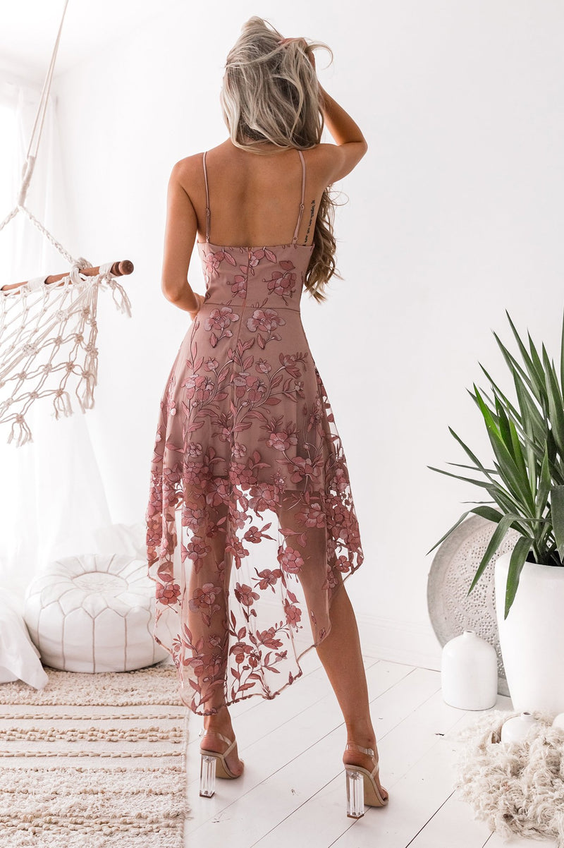 Embroidery Rose High Low Dress, L Embroidery Rose High Low Dress, L