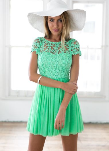 Green Embroidered Lace Top Dress with Tulle Pleated Skirt