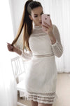White Long Sleeve Sheer Lace Mini Dress With Frilly Hem