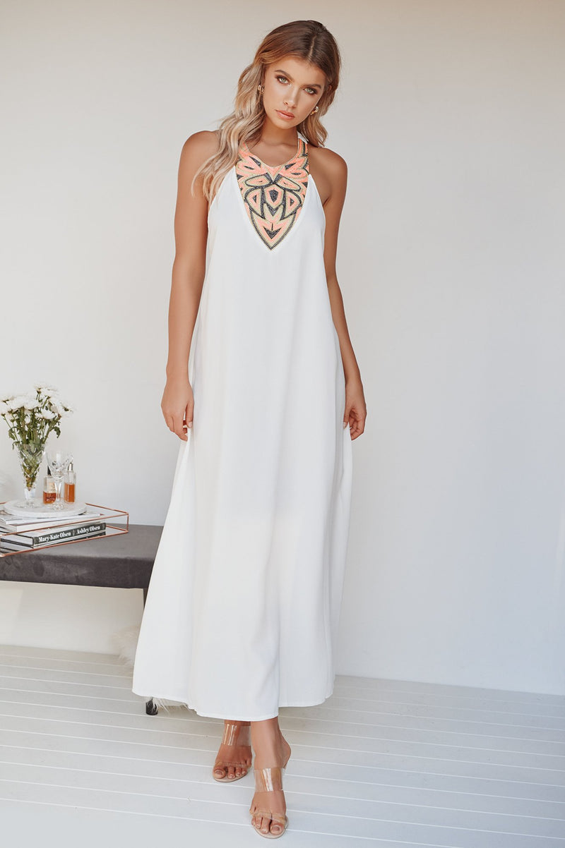 White Embroidered Neck T-Back Maxi Dress, L White Embroidered Neck T-Back Maxi Dress, L